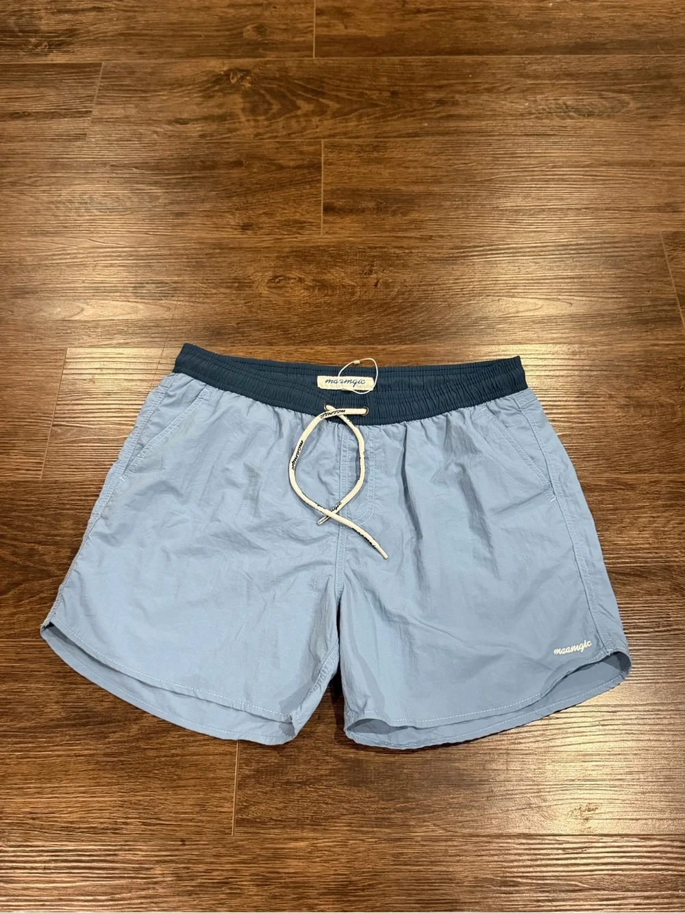 Light Blue Men's Swim Trunks with Navy Elastic Waistband